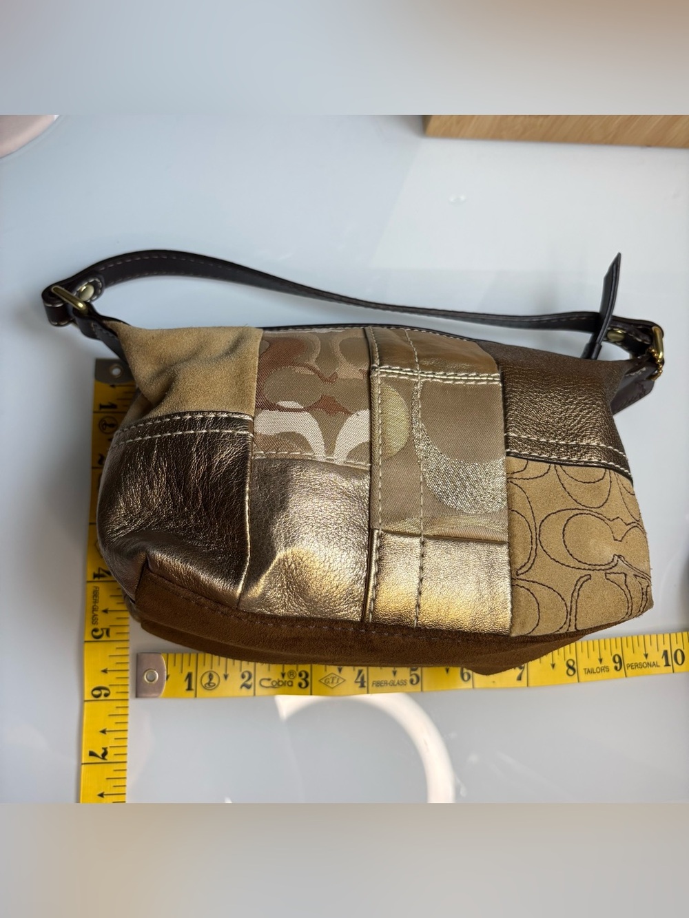 Coach Patchwork Shoulder Bag Y2K Gold Brown Suede Leather Signature Mini - Picture 9 of 9